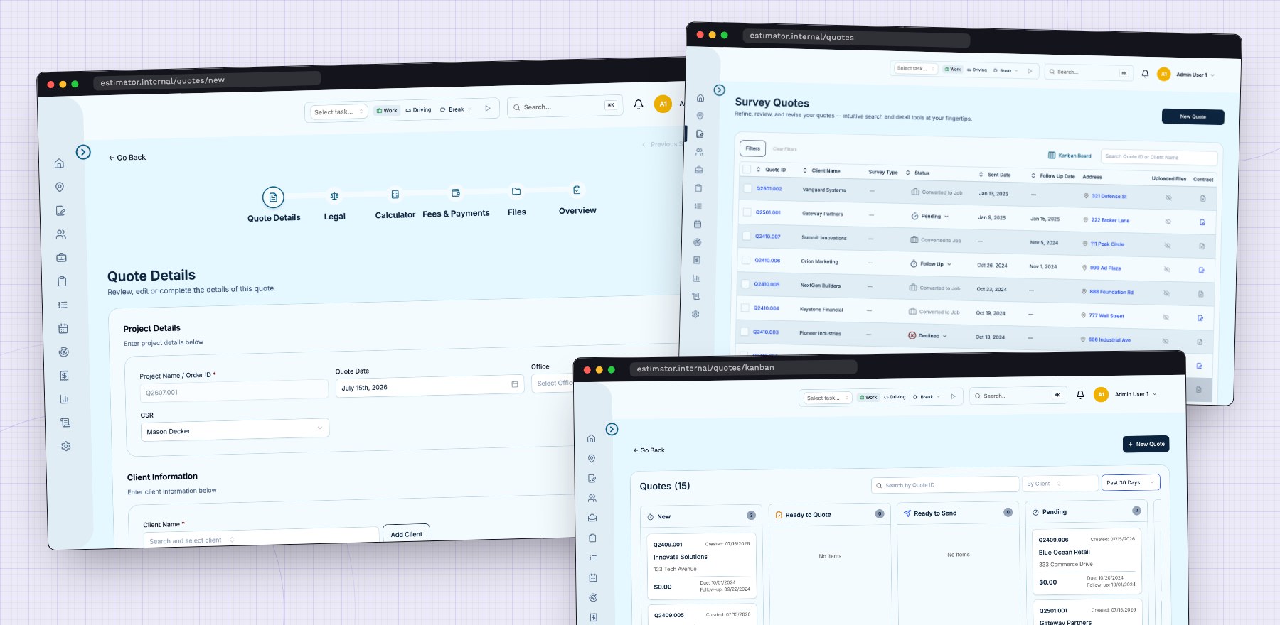 Three screens of the estimating platform: guided estimator, quote list, and pipeline board