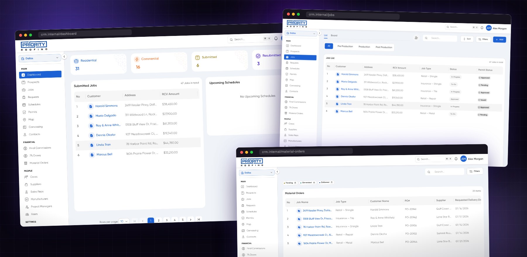 Three screens of the custom CRM: branch dashboard, job list, and material orders